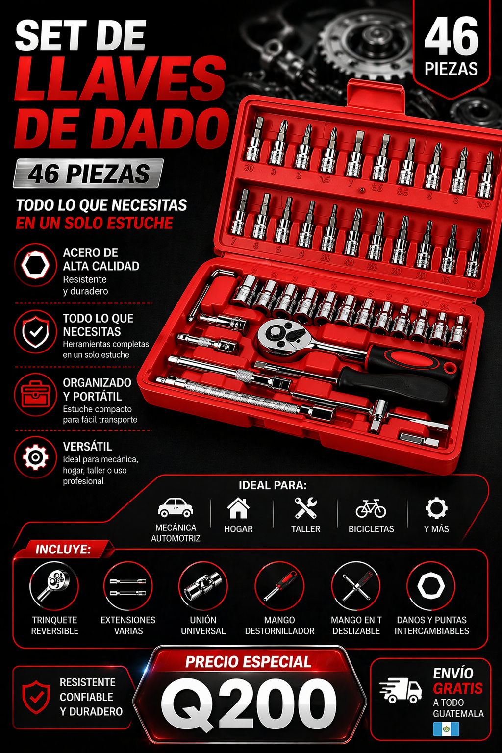 🛠️ SET DE 46 LLAVES DE DADO | Q200! + ENVIO GRATIS