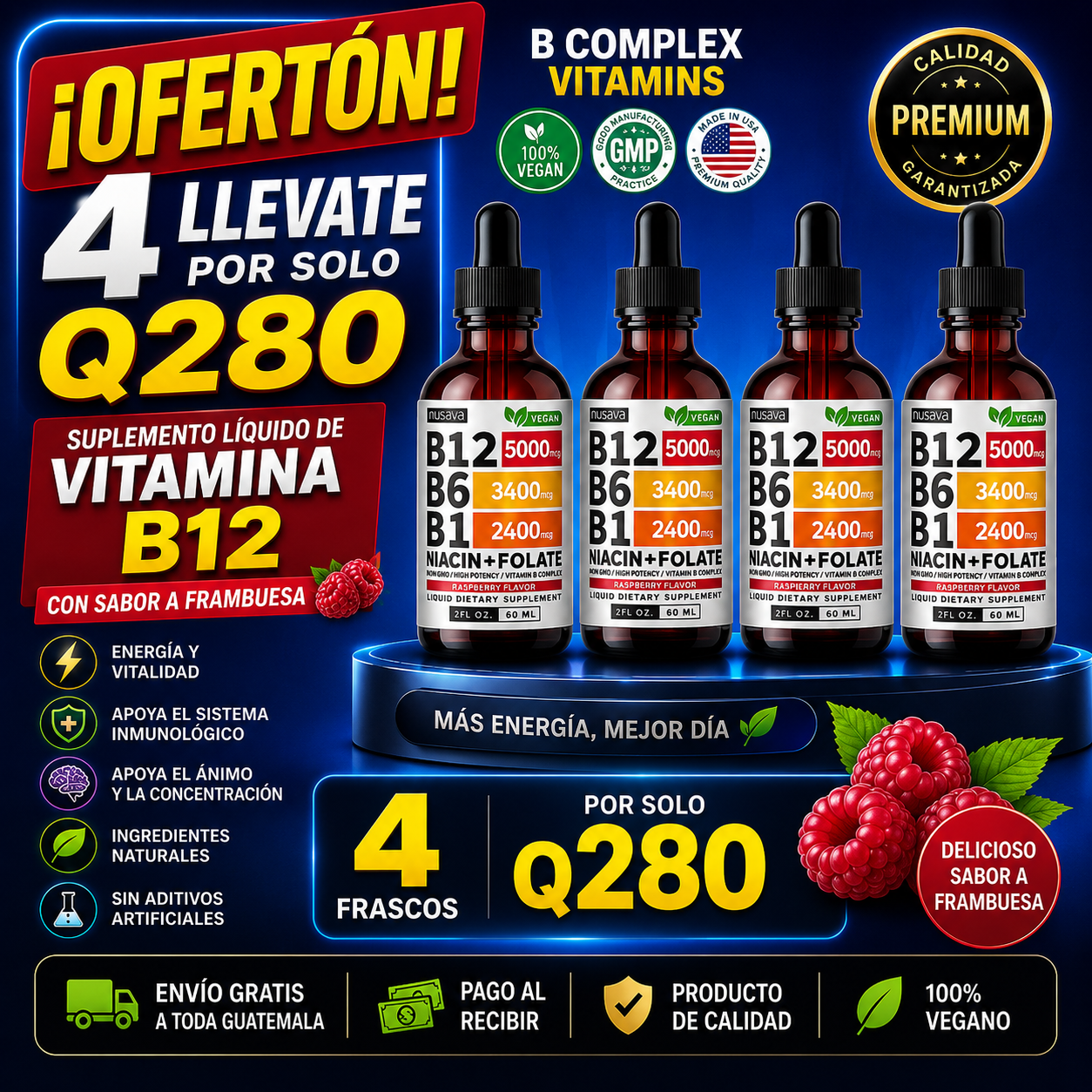 🍇 Vitamina B12 B6 B1 ,Líquida de Frambuesa – Lleva 2 Paga 1